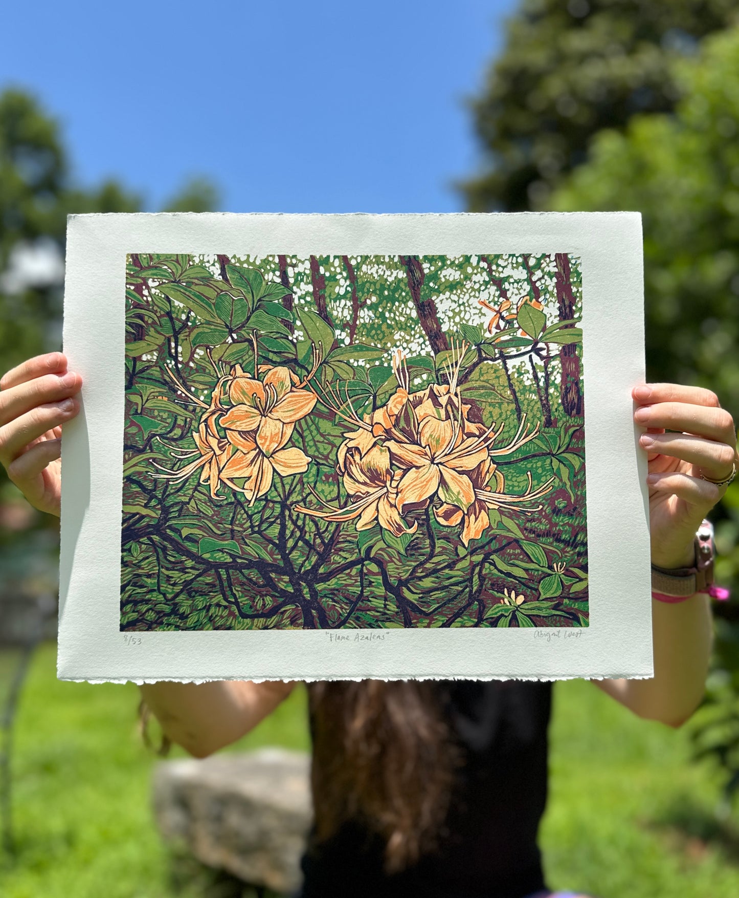 Flame Azaleas - Linocut Reduction Print