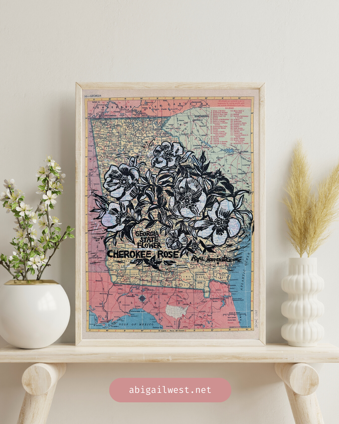 Georgia State Flower - Cherokee Rose Block Print on Map