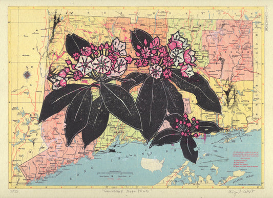Connecticut State Flower (Mountain Laurel) Linocut on Vintage Map