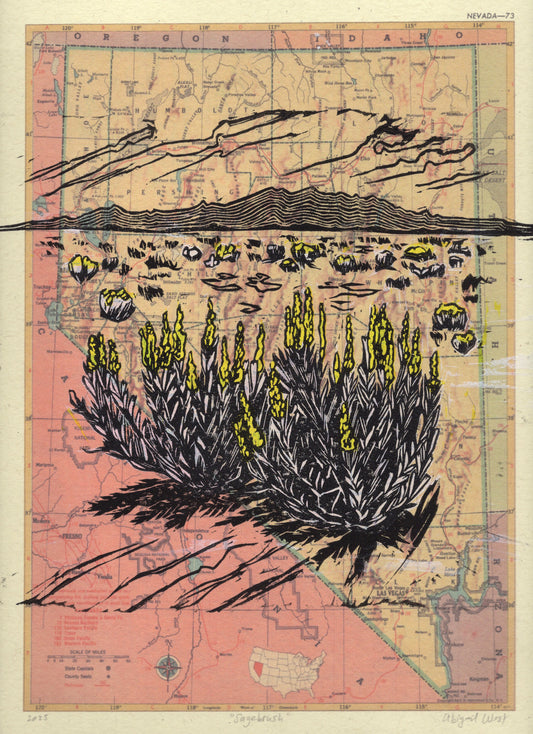 Nevada State Flower - Sagebrush, on vintage map