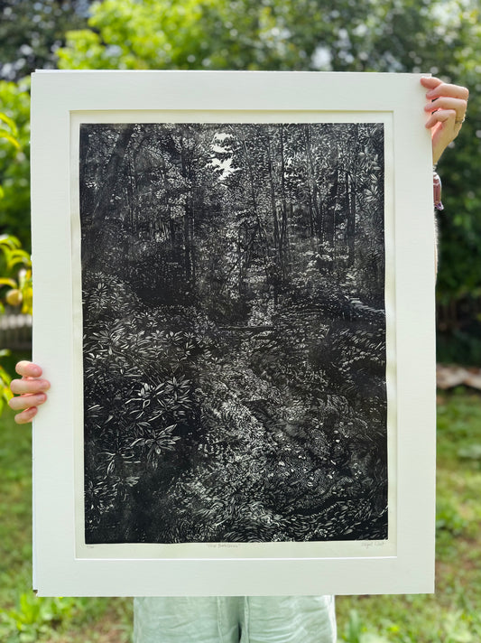 “View Downstream” Linocut