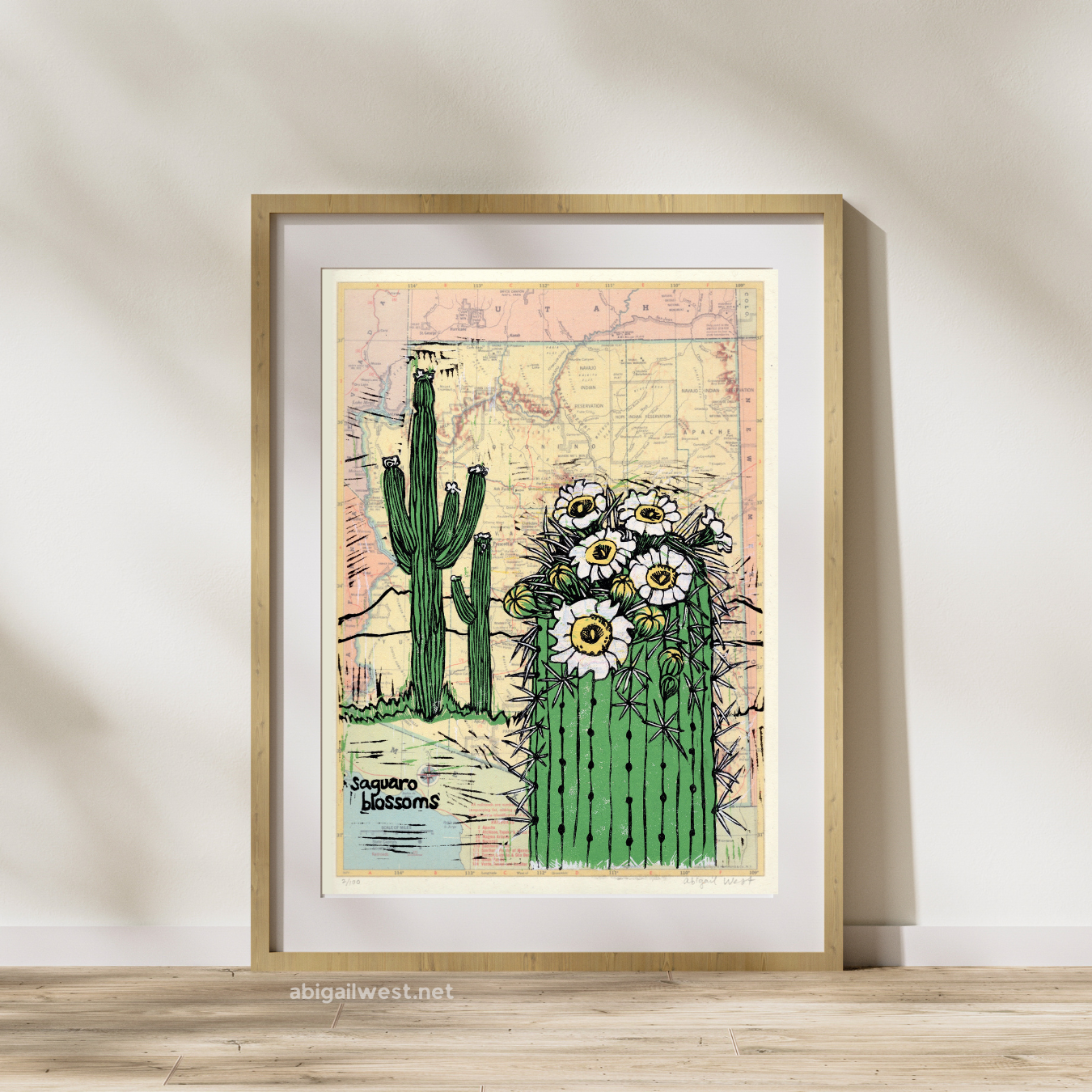 Arizona State Flower (Saguaro Blossoms) Linocut on Map