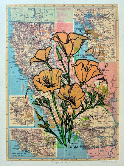 California Poppy (State Flower) Linocut on Map