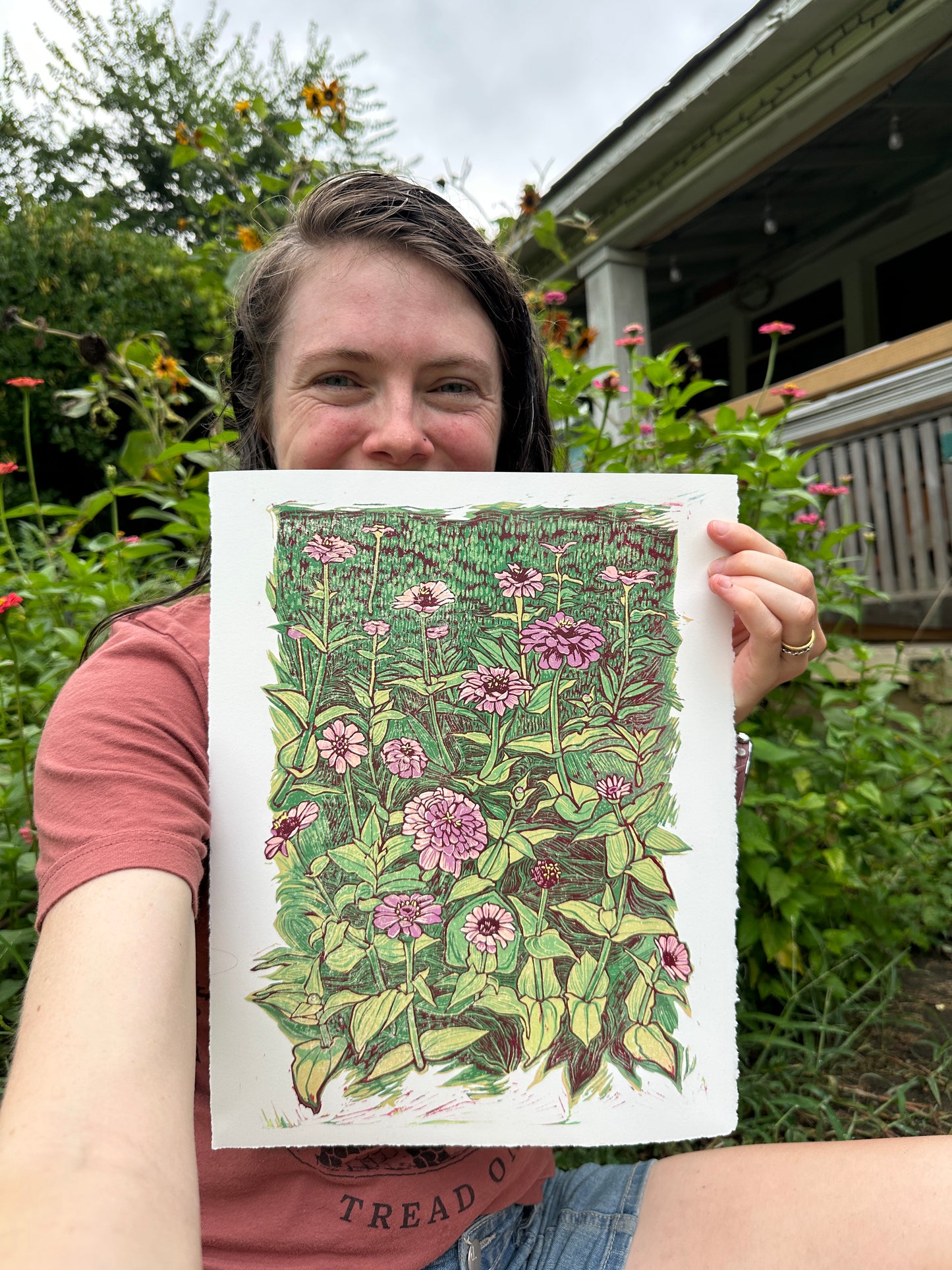 "Zinnia Garden" Linocut Reduction Print