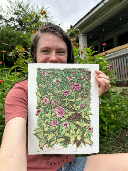 "Zinnia Garden" Linocut Reduction Print