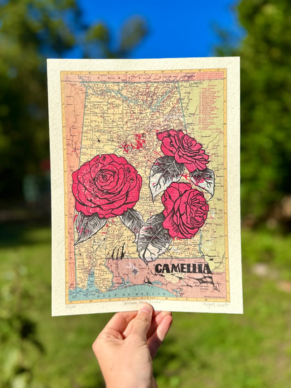 Alabama State Flower Linocut - Camellia on vintage AL map