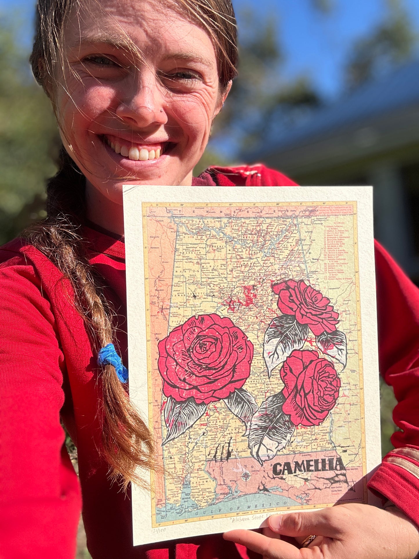 Alabama State Flower Linocut - Camellia on vintage AL map