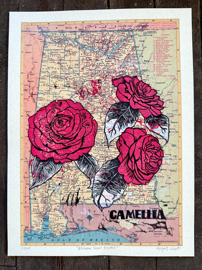 Alabama State Flower Linocut - Camellia on vintage AL map