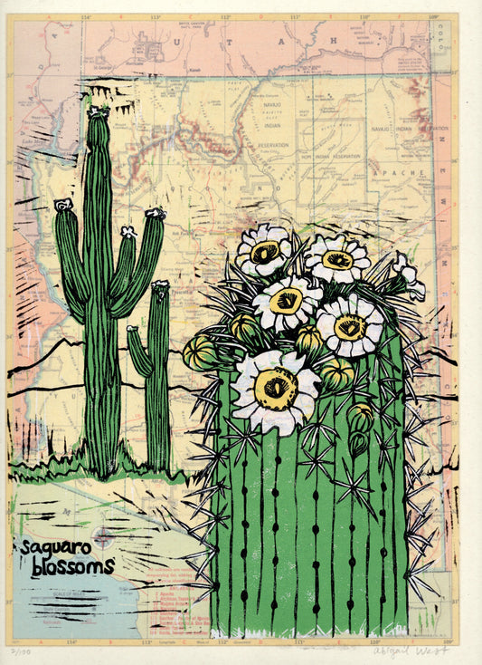 Arizona State Flower (Saguaro Blossoms) Linocut on Map