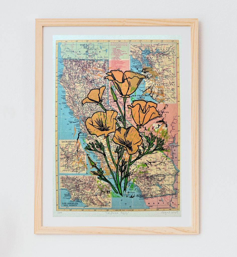 California Poppy (State Flower) Linocut on Map