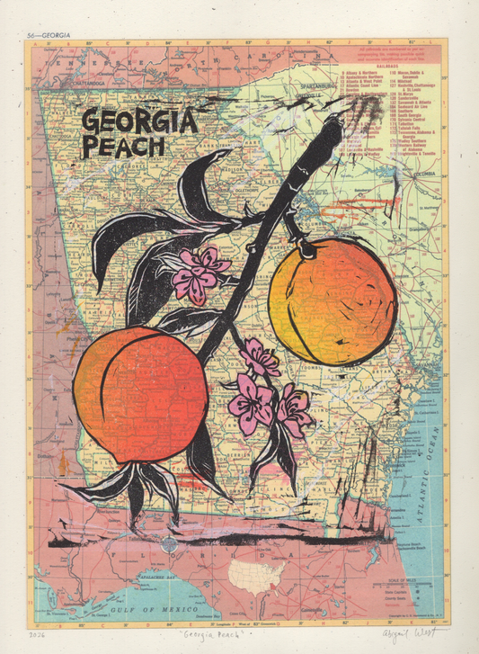 Georgia Peach Block Print, on vintage map