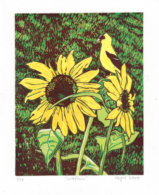 Goldfinch on Sunflower - Linocut Reduction Print