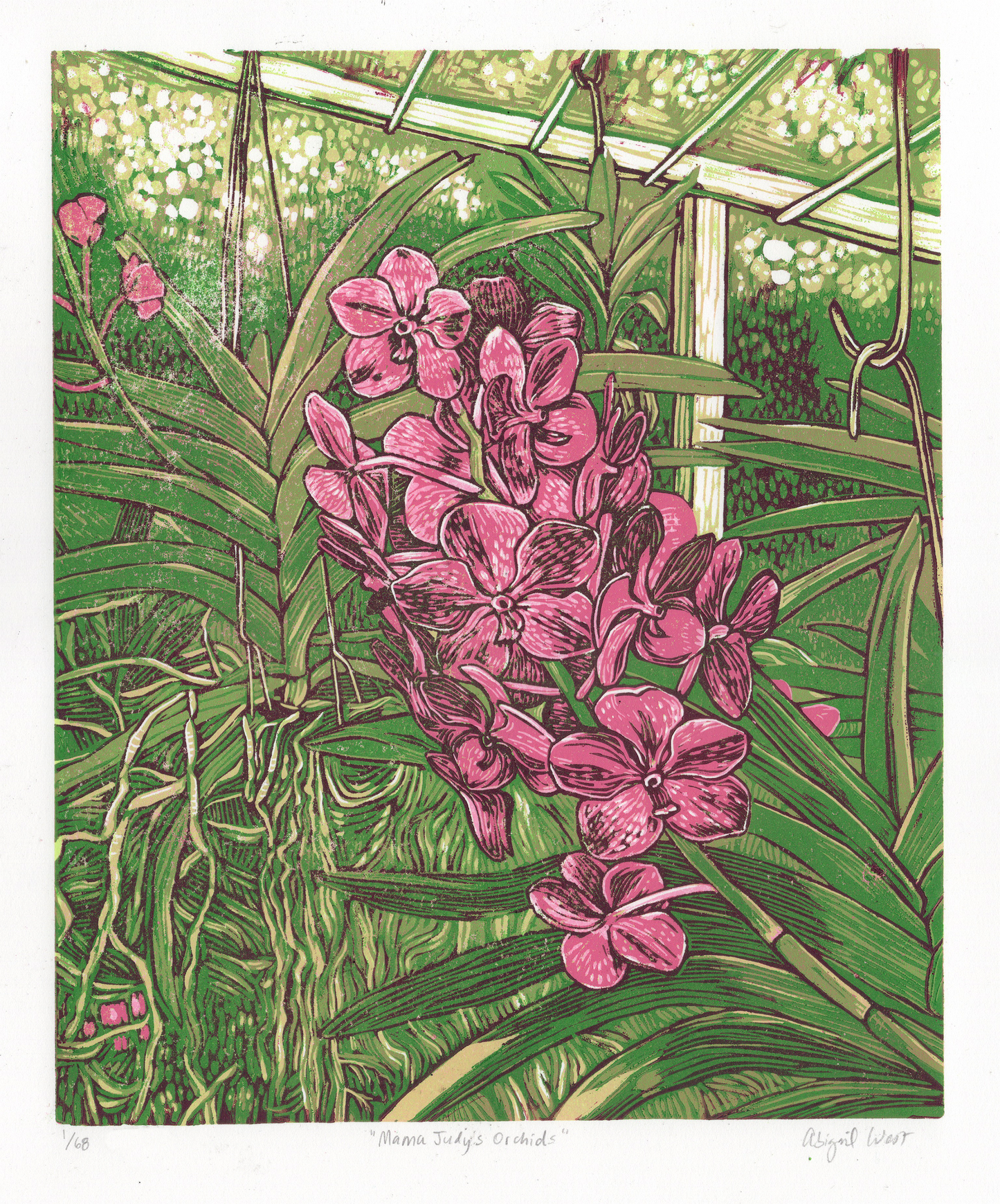 "Mama Judy's Orchids" Linocut Reduction Print