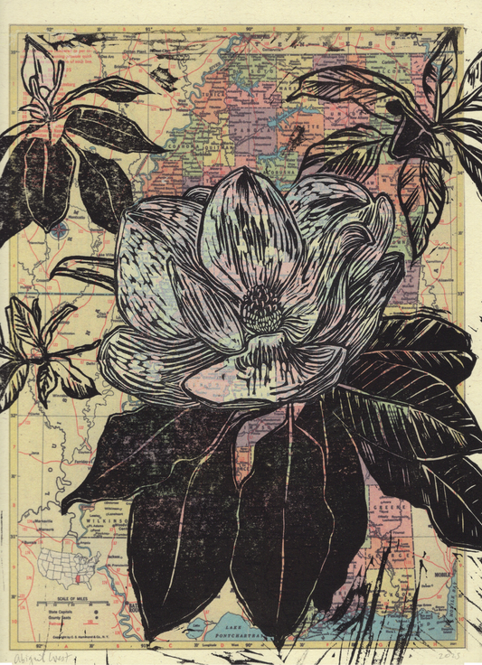 Mississippi State Flower - Southern Magnolia, on vintage map