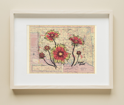 Oklahoma State Flower - Blanket Flower Linocut on Map