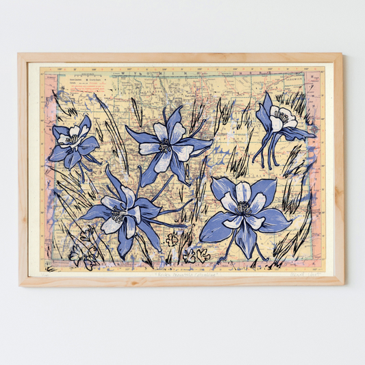 Colorado State Flower: Rocky Mountain Columbine linocut on CO map