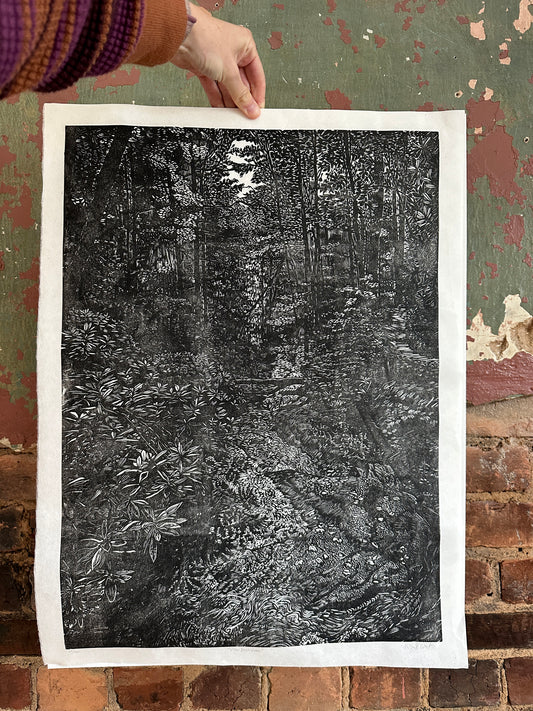 “View Downstream” Linocut