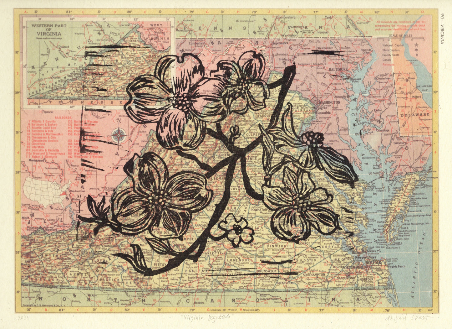 Virginia State Flower - Flowering Dogwood Linocut on Vintage Map
