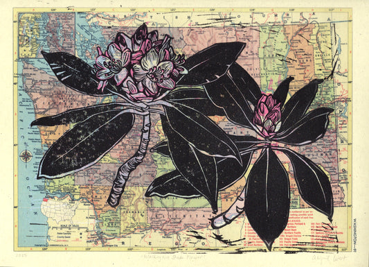 Washington State Flower - Pacific Rhododendron, on vintage map