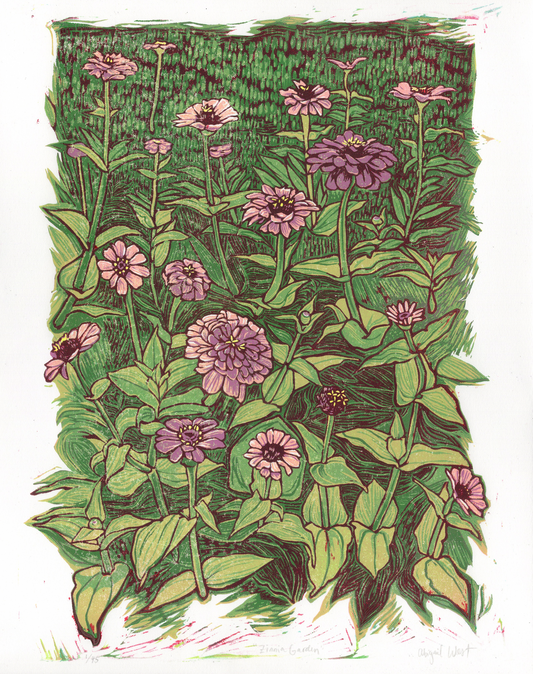 "Zinnia Garden" Linocut Reduction Print