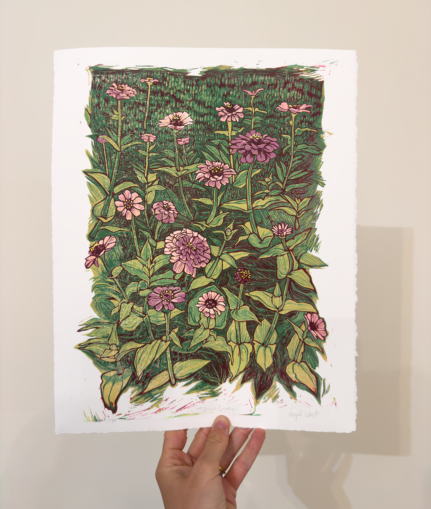 "Zinnia Garden" Linocut Reduction Print