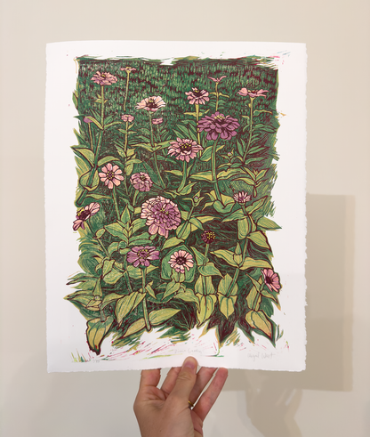 "Zinnia Garden" Linocut Reduction Print